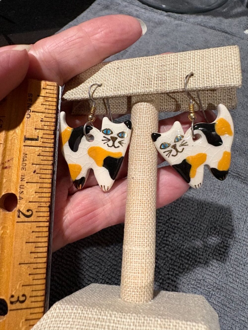 Vintage Handcrafted Ceramic Calico Cat Earrings Two Pairs for Pierced Ears - Picture 3 of 11